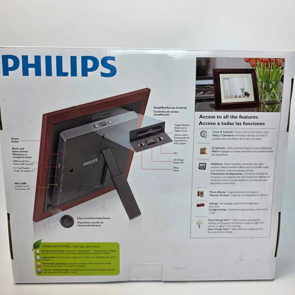 Philips 8 inch Digital Photo Frame Mahogany Wood SPF2480/37 LED 128MB Remote New